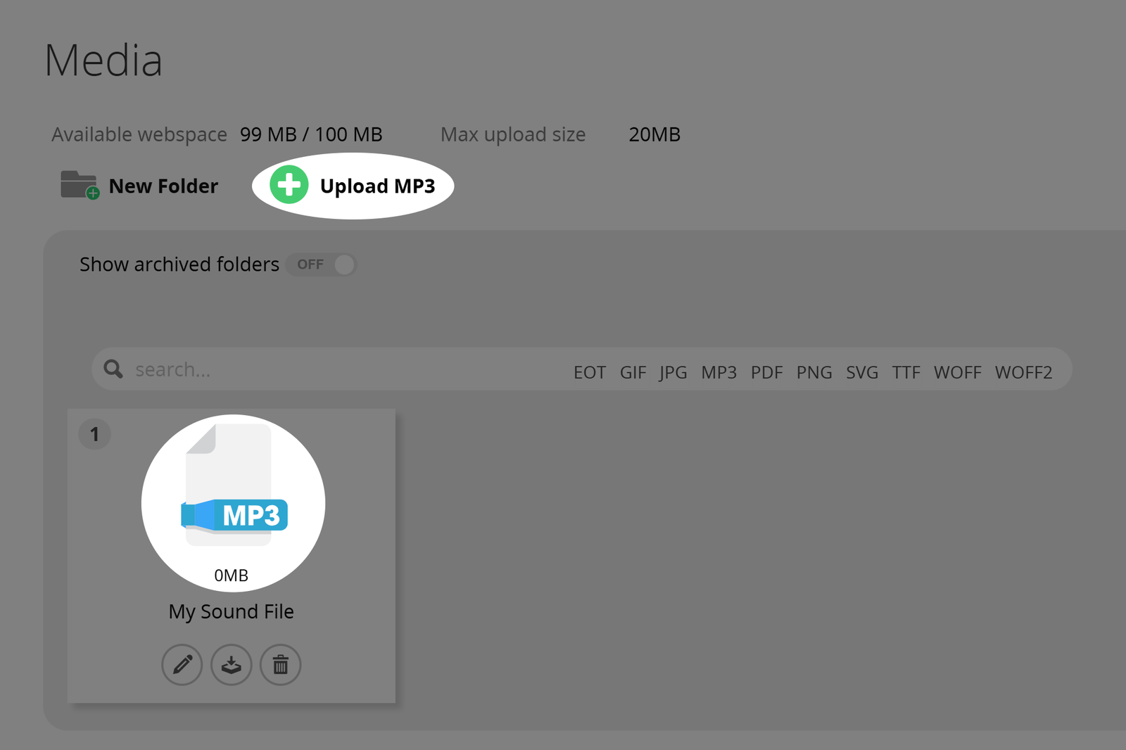 Captura de tela do botão "Upload MP3" e de um arquivo MP3 na Biblioteca de mídia 