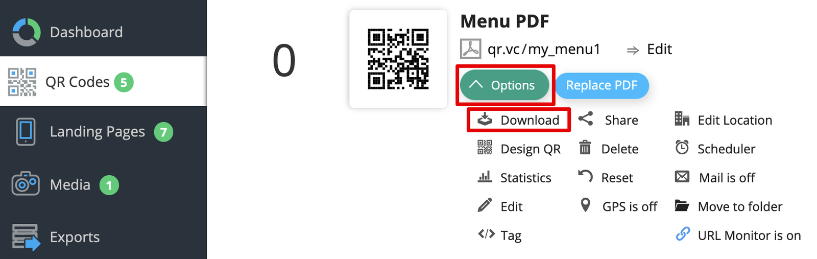 Download your PDF QR Code - Options > Download 