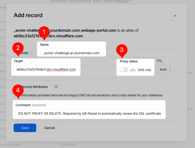 CNAME entry creation dialog on Cloudflare 
