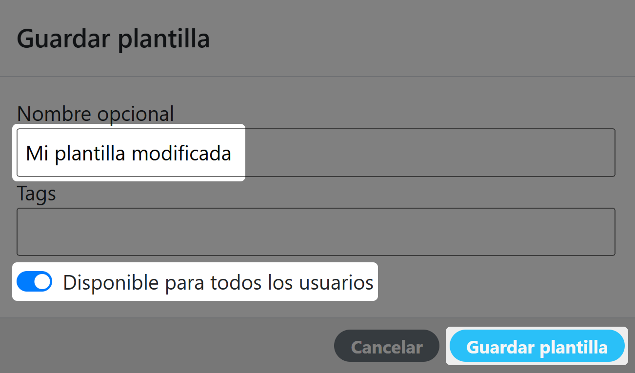 Captura de pantalla del panel «Guardar plantilla» (administrador) 