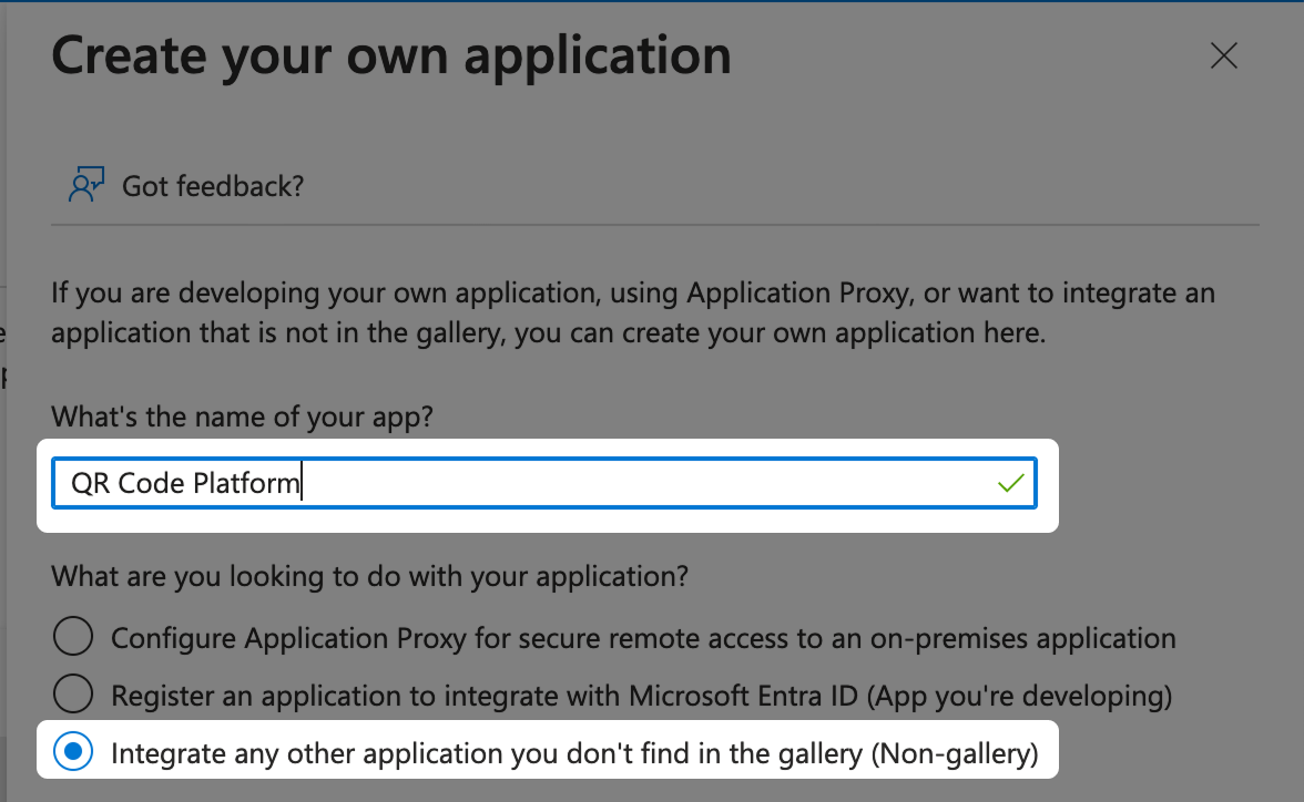 Geben Sie einen Namen für die Anwendung ein und wählen Sie Option 3 (Non-gallery)