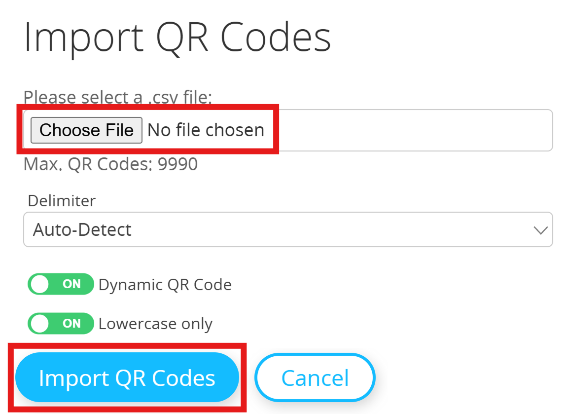 Captura de tela Botão "Choose File" (Escolher arquivo) na página "Import QR Codes" (Importar códigos QR) 
