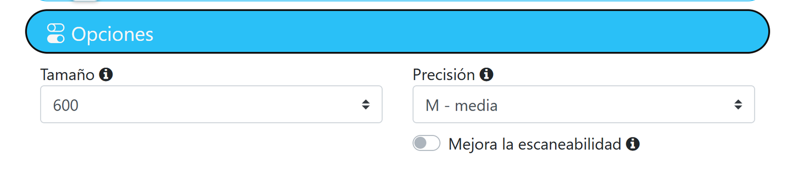 Captura de pantalla del panel de opciones de la herramienta de diseño 