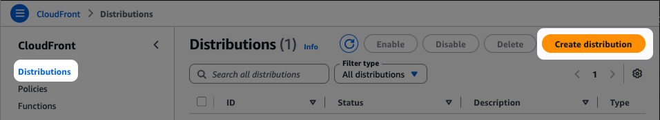Click on Distributions and then the button Create distribution