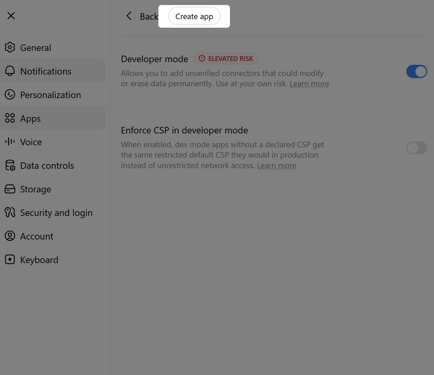 Image of Create app button 