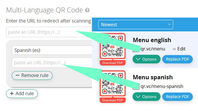 Assegnazione di codici QR PDF alle lingue