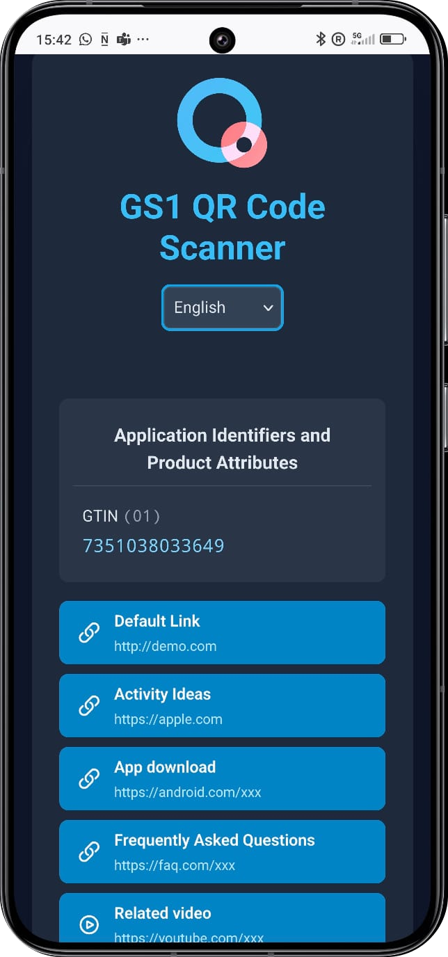 Scanner per codici QR GS1 che mostra i pulsanti per ogni tipo di collegamento