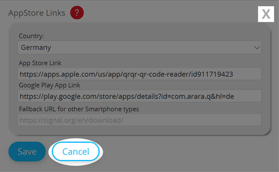 Captura de tela do botão "Exit" (Sair) e "Cancel" (Cancelar) na página de configuração do código QR da App Store (editar) 