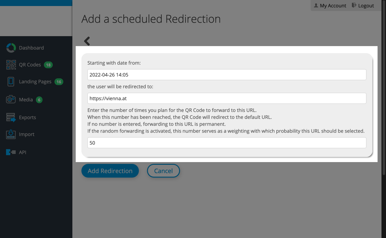 Scheduled redirect entry