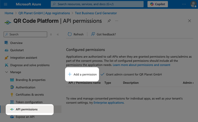 Klicken Sie auf das Menü API-Berechtigungen und dann auf den Button Berechtigung hinzufügen.