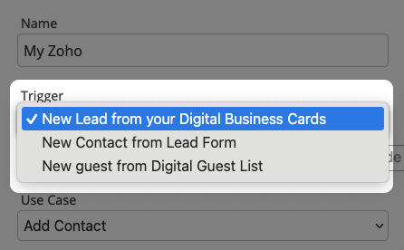 Bildschirmfoto: Integrationsformular für Zoho mit Trigger-Ereignisliste