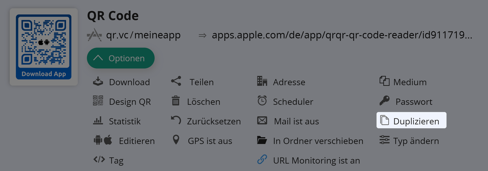 Screenshot der Schaltfläche "Duplizieren" auf der Registerkarte "Optionen" eines QR Codes 