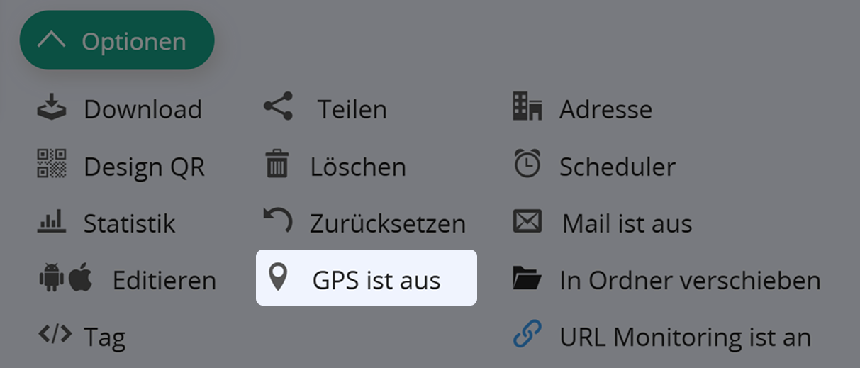 Screenshots der Schaltfläche "GPS" in QR Code Optionen 