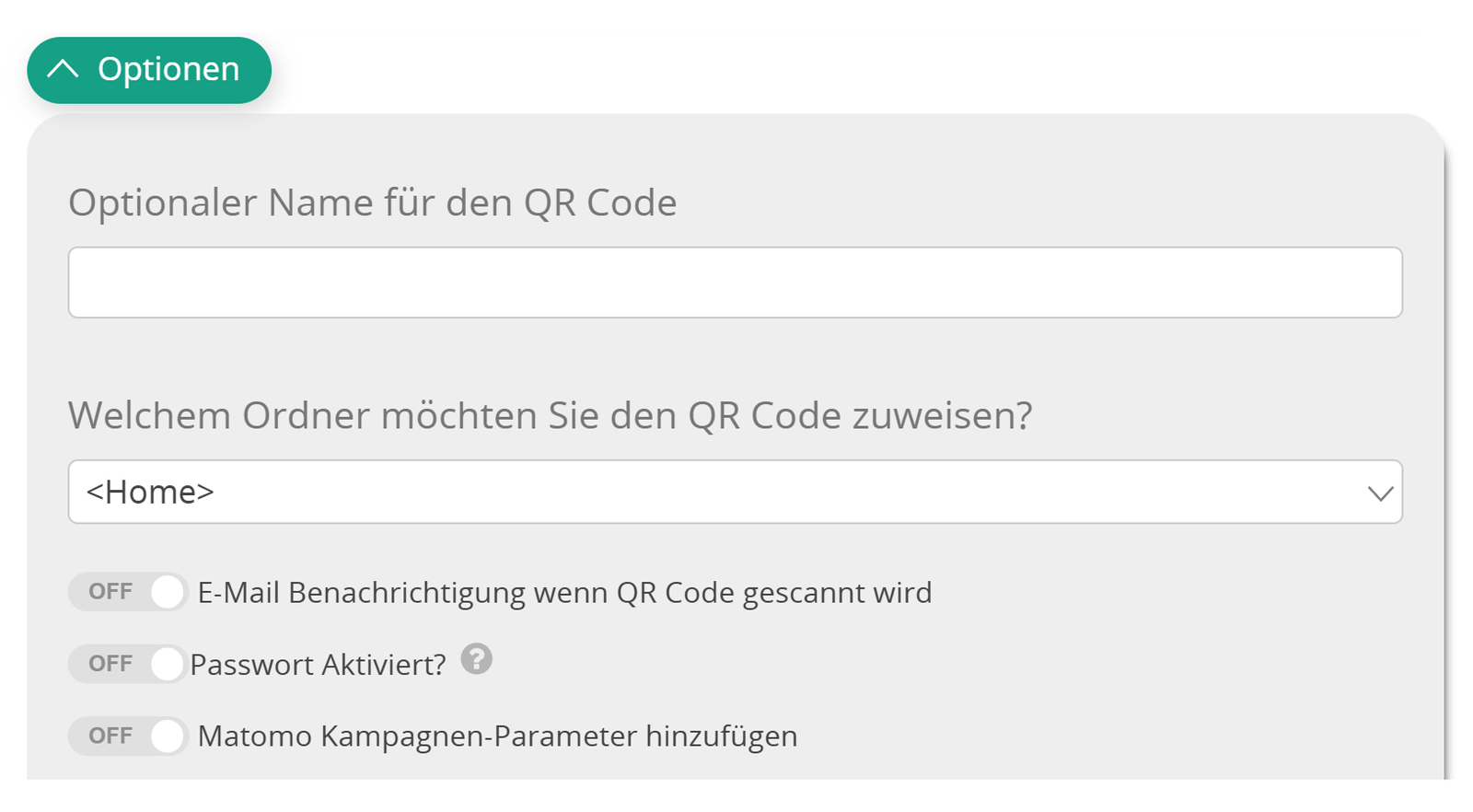Screenshot von Optionalen QR Code Optionen 