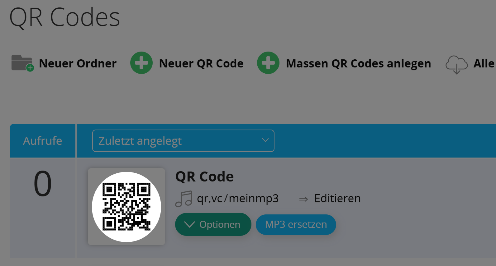 Screenshot MP3 QR Code in QR Code Übersicht 