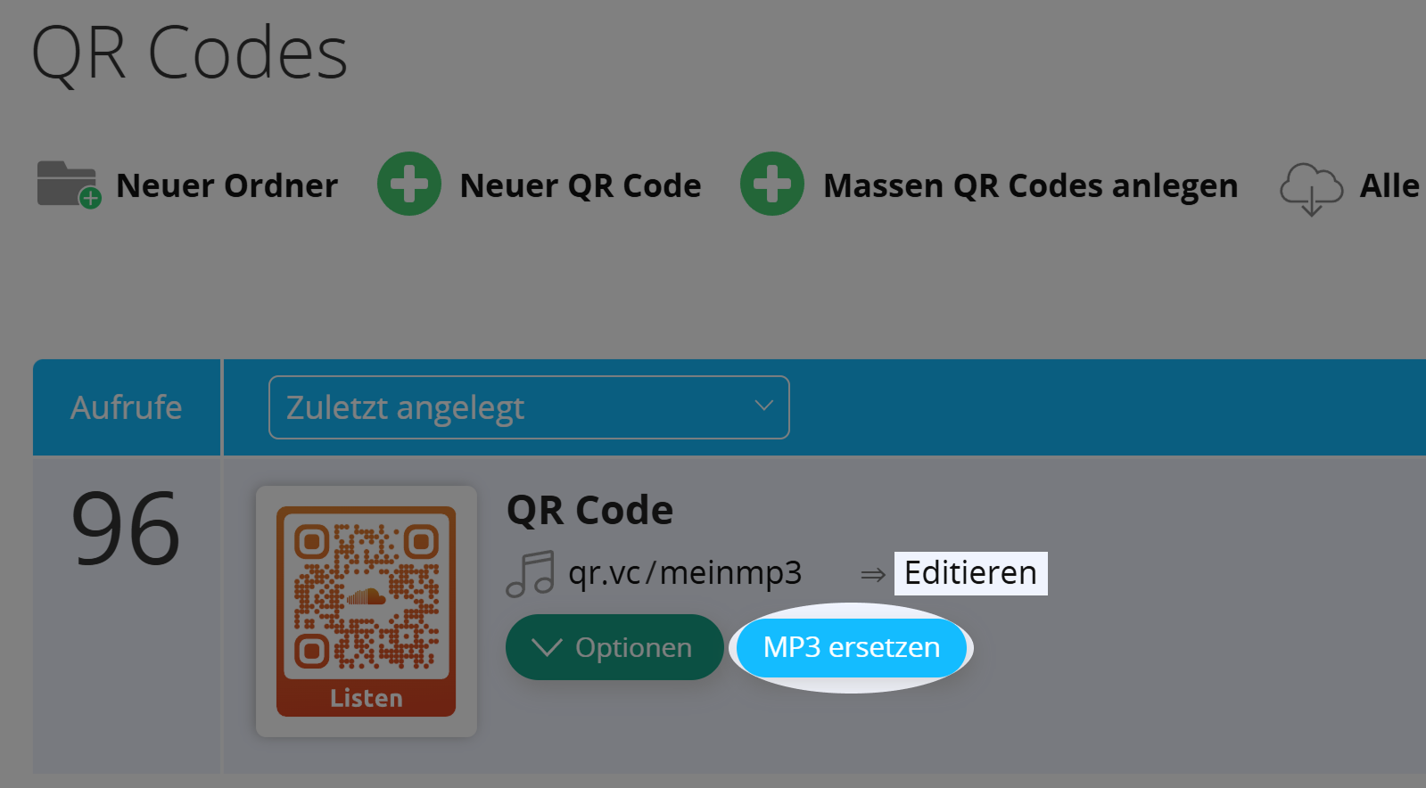 Screenshot der Schaltflächen "Editieren" und "MP3 ersetzen" in den QR Code Optionen 