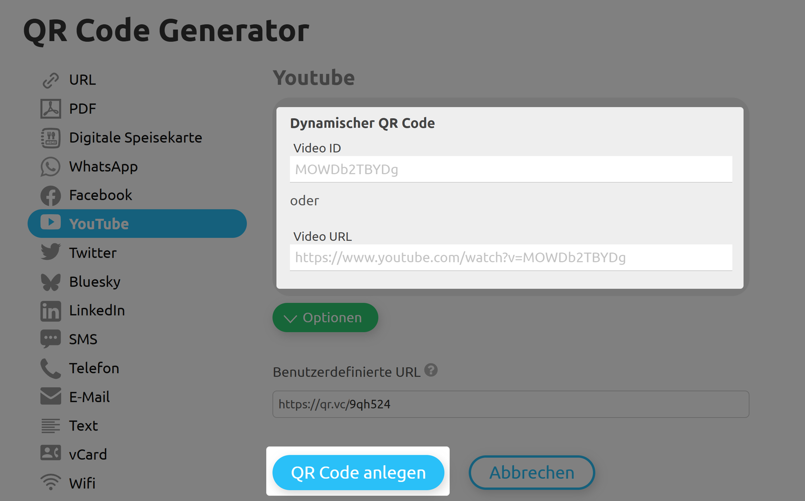 Eingabeformular für die Video-URL des YouTube-Videos 