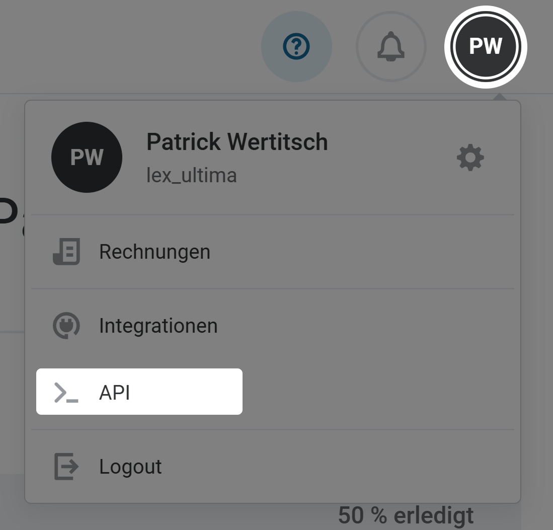 Screenshot: Menü Einstellungen Avatar und API markiert 