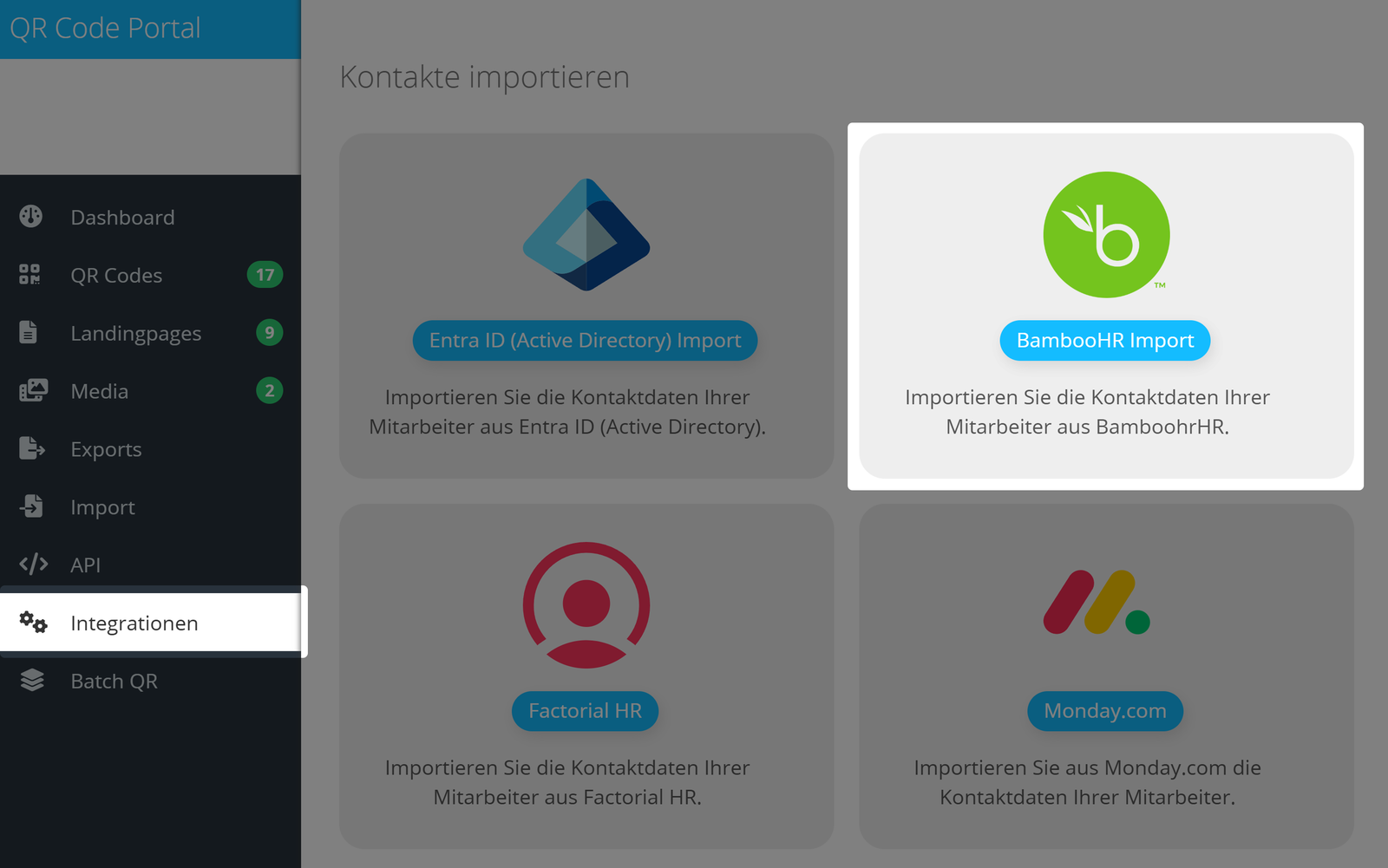 QR Code Plattform Integrations-Seite.