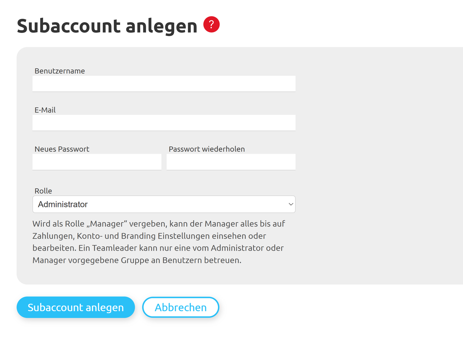 Erstellung eines Subaccounts für White Label 