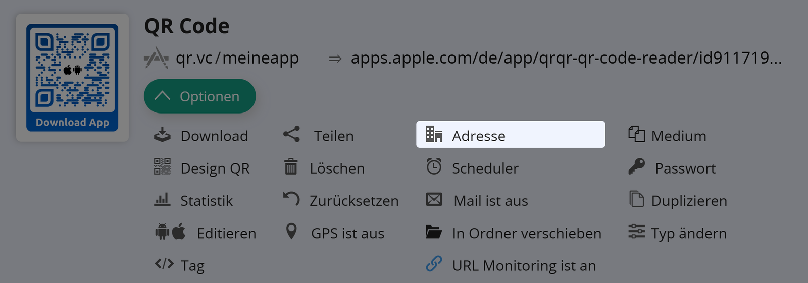 Screenshot der Schaltfläche "Adresse" auf der Registerkarte "Optionen" eines QR Codes 