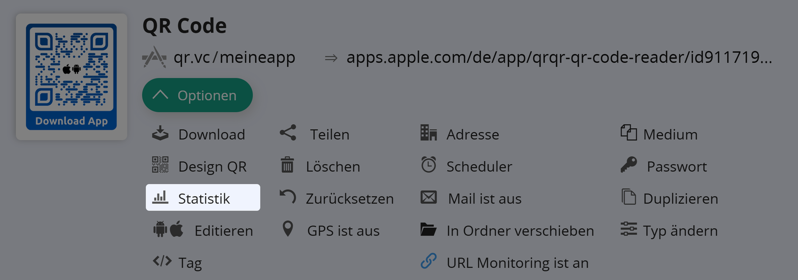 Screenshot der Schaltfläche "Statistik" auf der Registerkarte "Optionen" eines QR Codes 