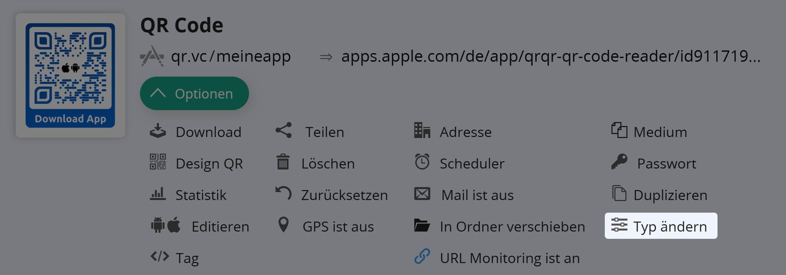 Screenshot der Schaltfläche "Typ ändern" auf der Registerkarte "Optionen" eines QR Codes 