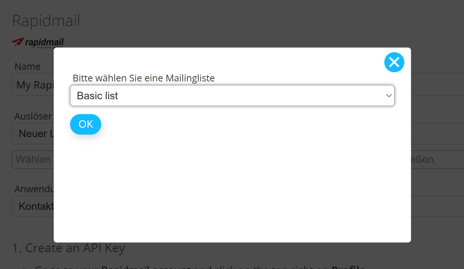 Bildschirmfoto: Popup mit hervorgehobener Dropdown-Liste zur Auswahl einer Maillingliste
