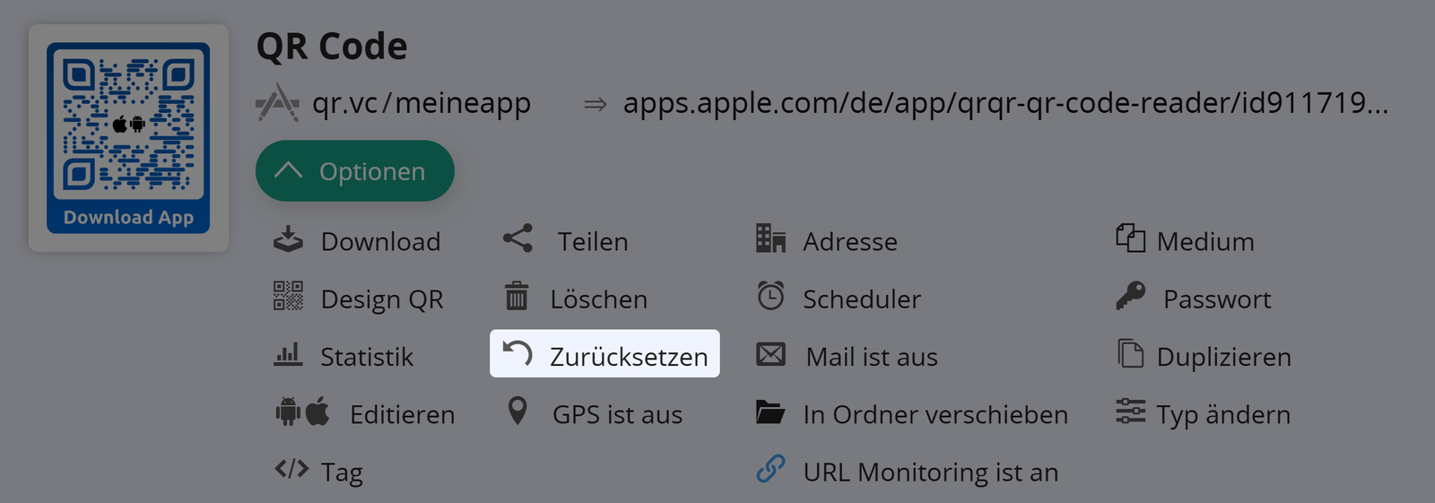 Screenshot der Schaltfläche "Zurücksetzen" auf der Registerkarte "Optionen" eines QR Codes 