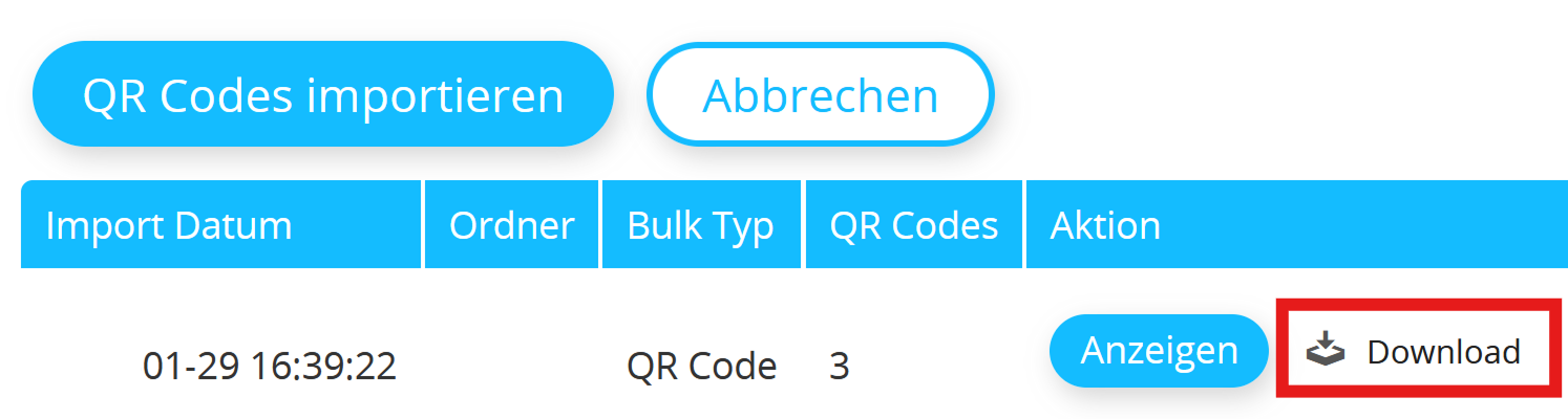 Screenshot Schaltfläche "Download" auf der Seite "QR Codes importieren" 