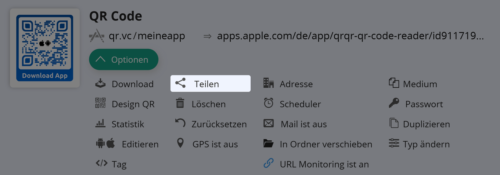Screenshot der Schaltfläche "Freigeben" auf der Registerkarte "Optionen" eines QR Codes 