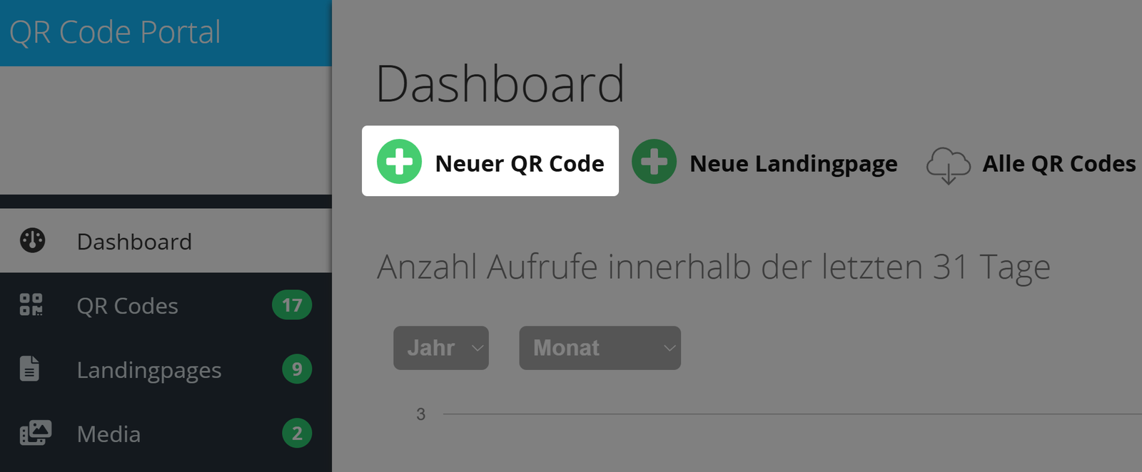 Screenshot von Schaltfläche "Neuer QR Code" im Dashboard 