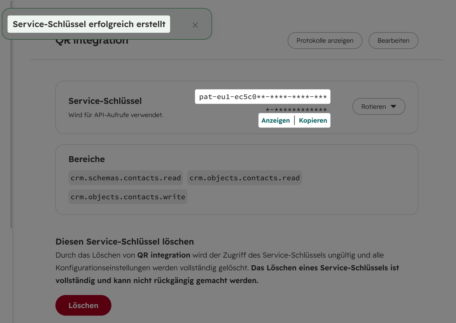Screenshot: hervorgehobenen Service-Schlüssel