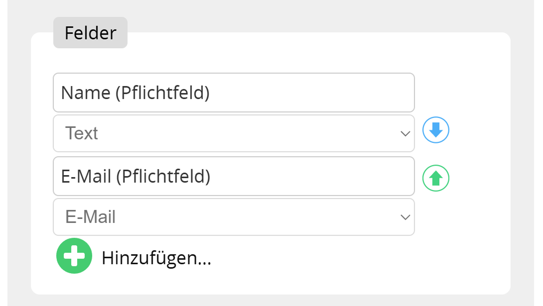 Screenshot der Felder "Name" und "E-Mail" im Lead-Landing-Page-Editor.