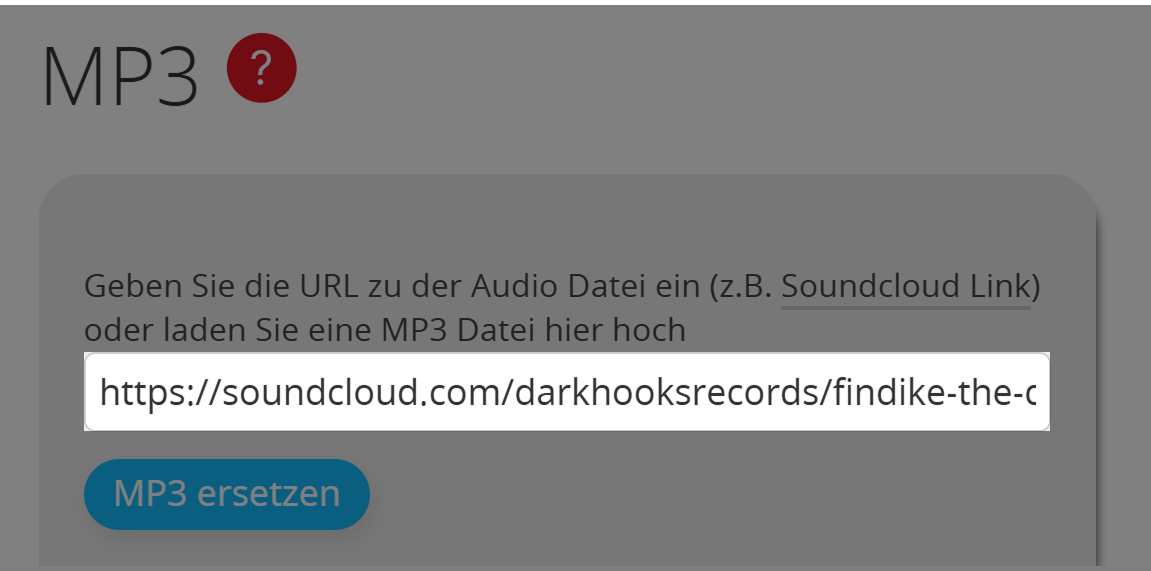 Screenshot des Eingabefeldes für die Ziel-URL eines MP3 QR Codes im Bearbeitungsmodus der Landing Page 