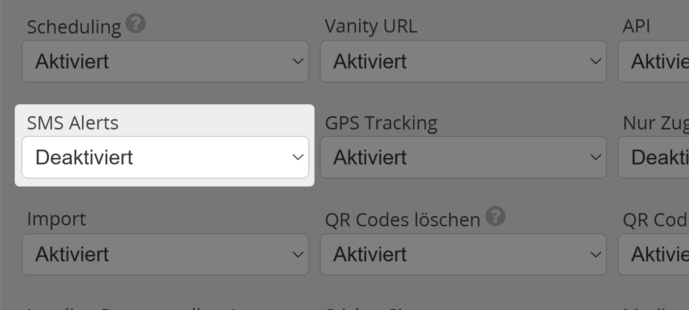 Screenshot der Einstellung "SMS Alerts" im Tab "Berechtigungen" im Benutzermenü für Administratoren 