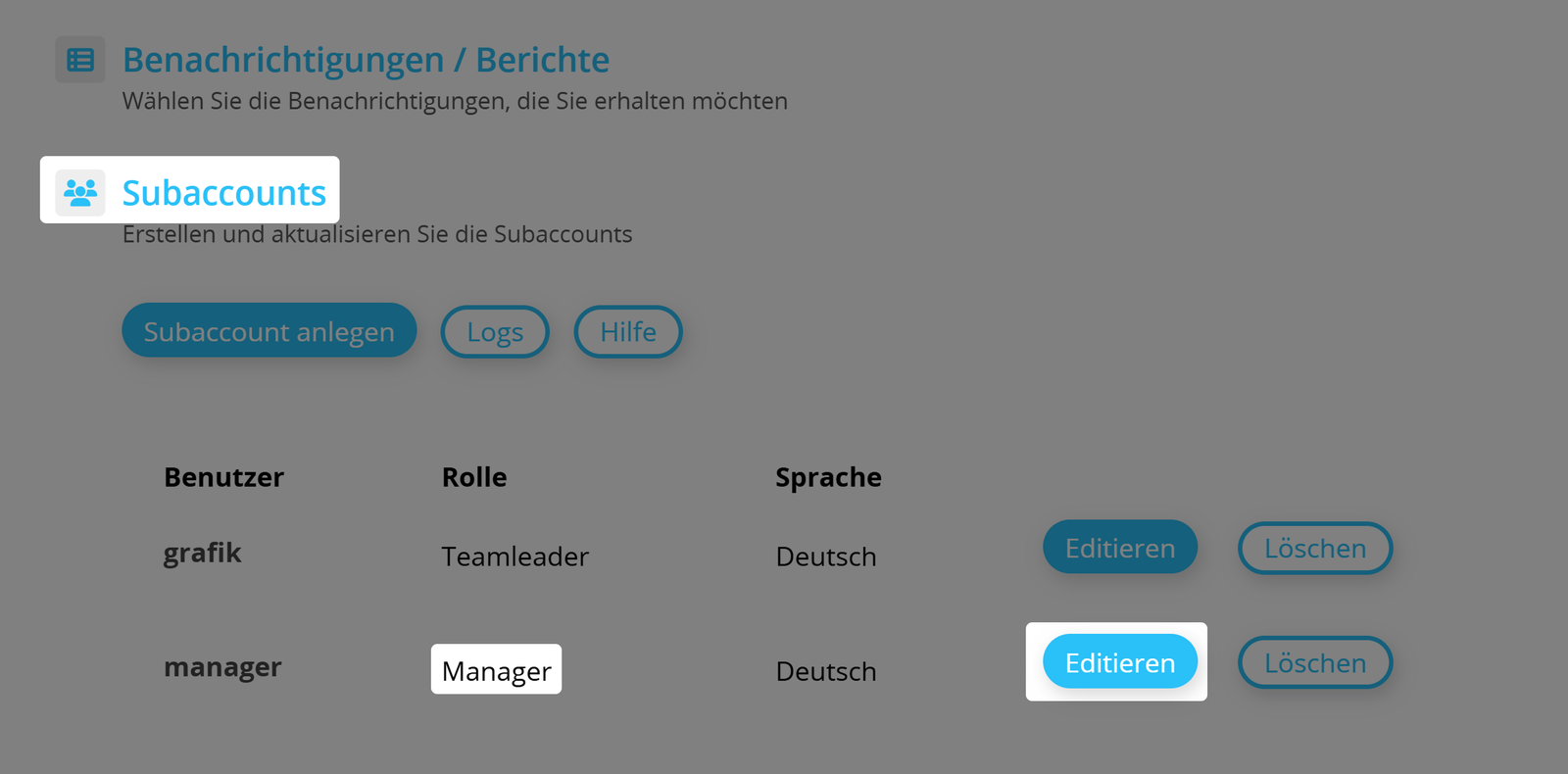 Einstellungen für White Label Subaccounts