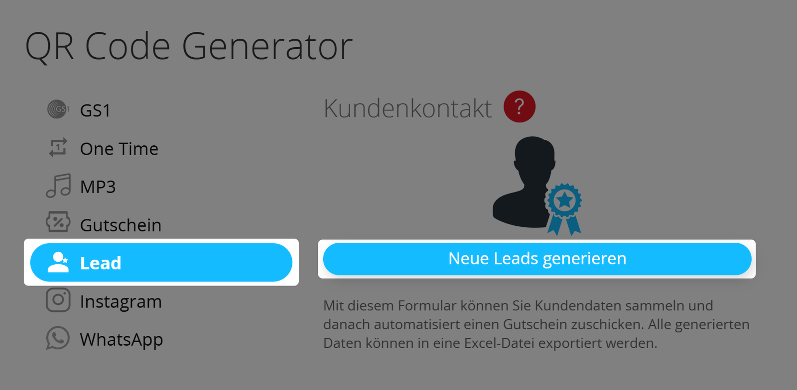 Hervorgehobene Schaltfläche "Neue Leads generieren" im QR Code Generator