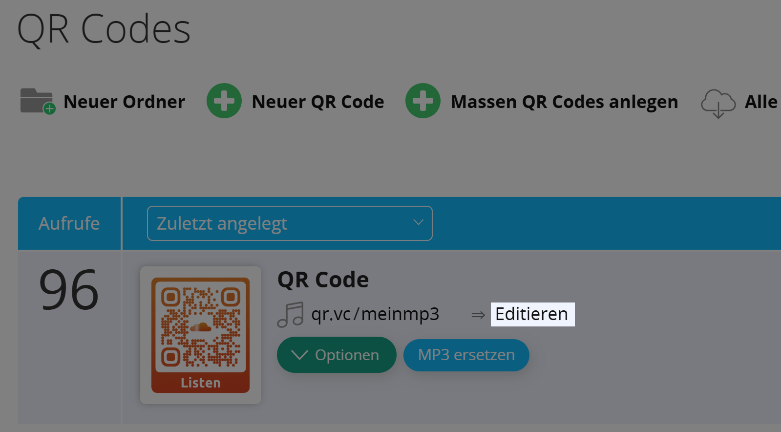 Screenshot der Schaltfläche "Editieren" in den Optionen des QR Codes 