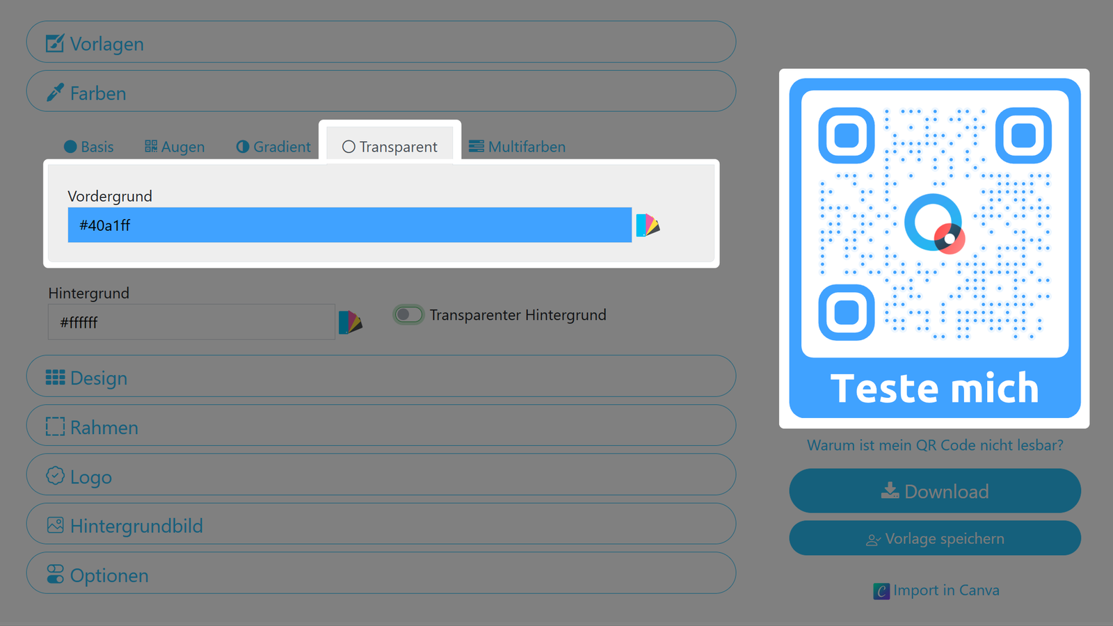 Screenshot des Menüs zur Transparenz des QR Codes 