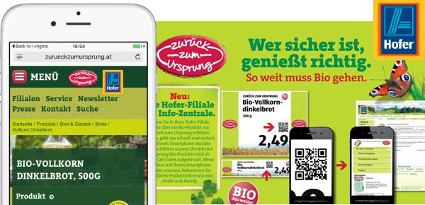 QR Code auf Hofer Werbung zur Produktwebseite am Smartphone