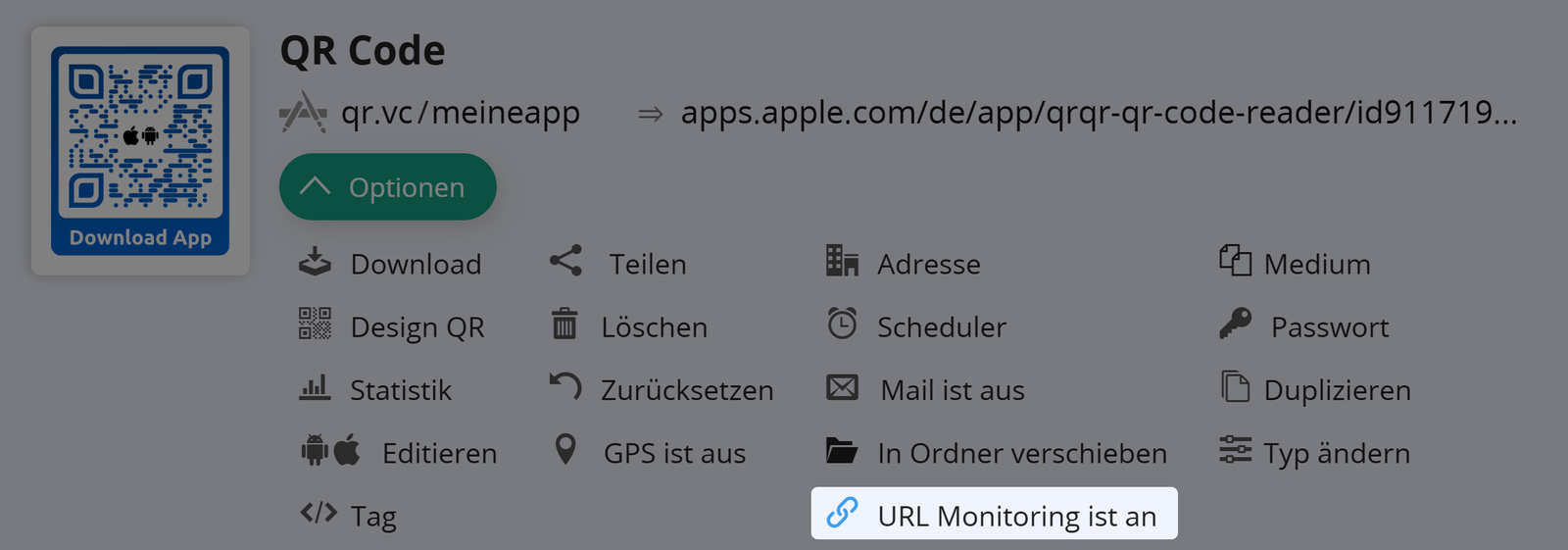 Screenshot der Schaltfläche "URL Monitor ist an" in der Registerkarte "Optionen" eines QR Codes 