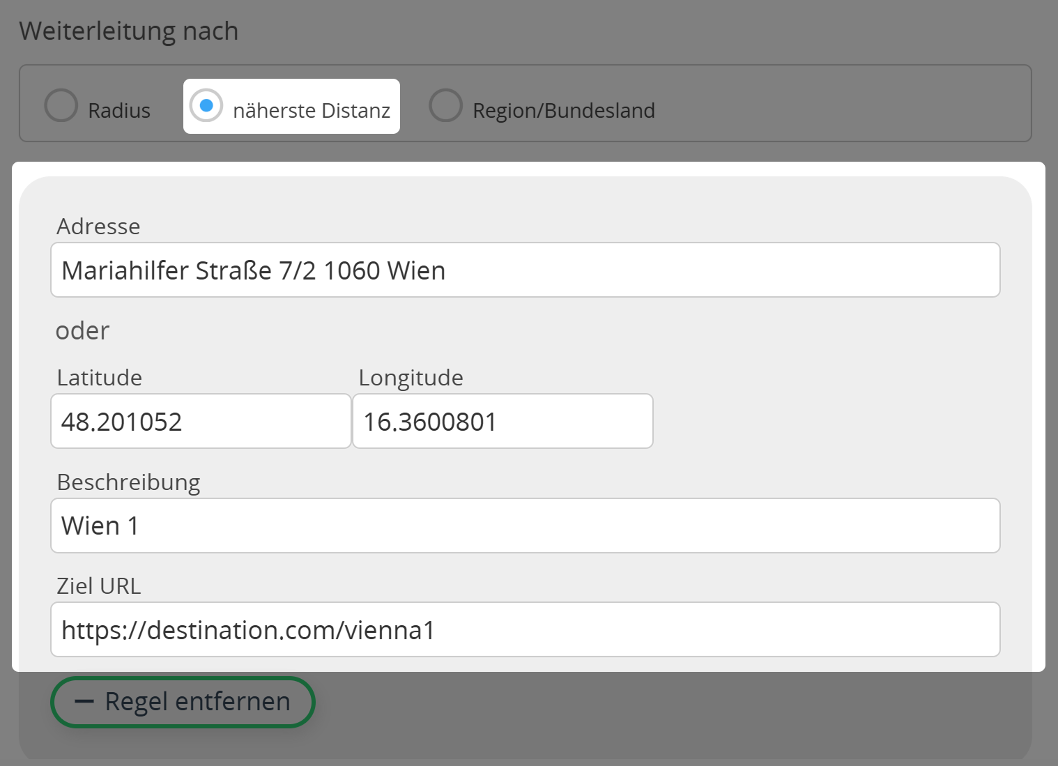 Geo-Fencing QR Code basierend auf einer Regel nach nähester Distanz.