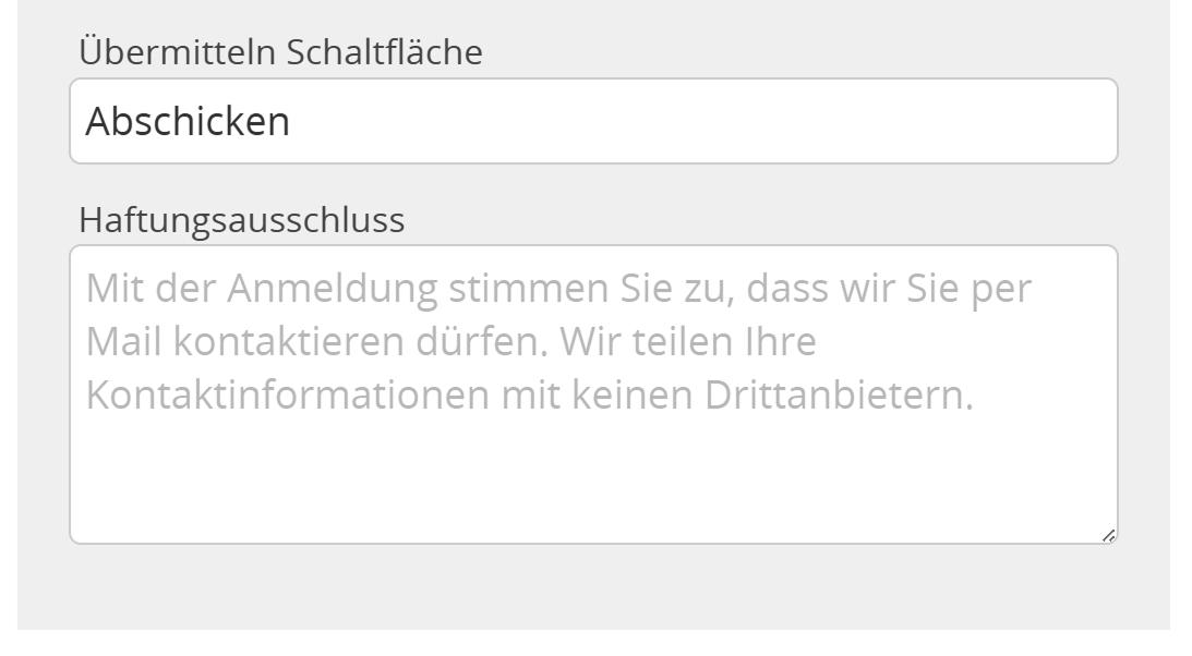 Screenshot von Absenden-Button-Label und Haftungsausschluss
