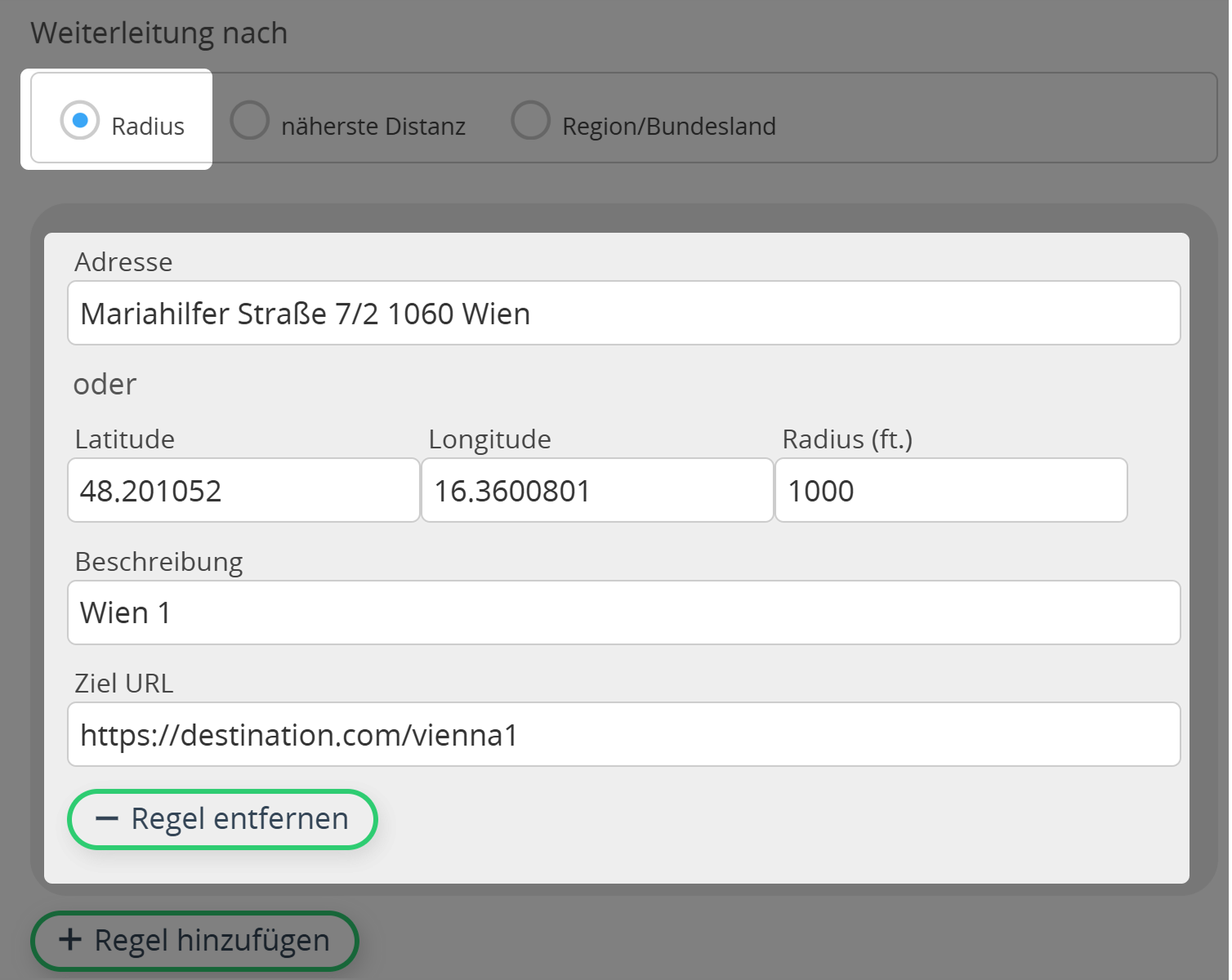 Geo-Fencing QR Code Regel basierend auf einem Radius.