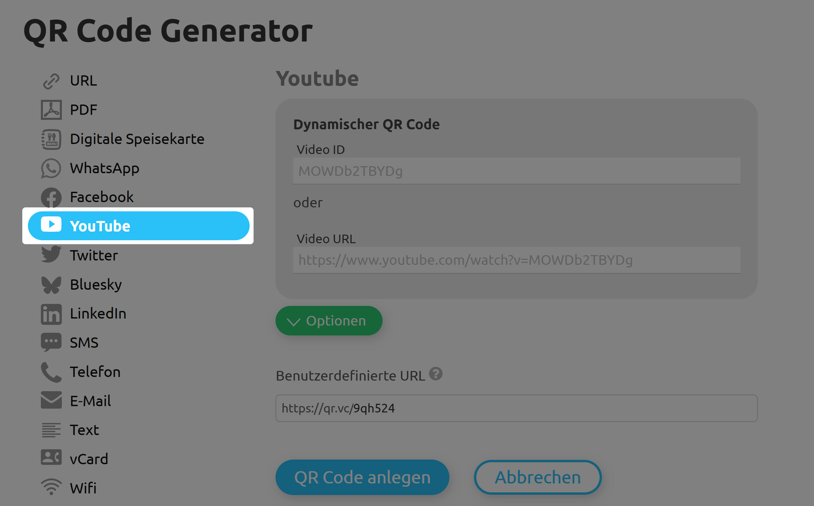 Liste der QR-Code-Typen mit dem ausgewählten Typ YouTube