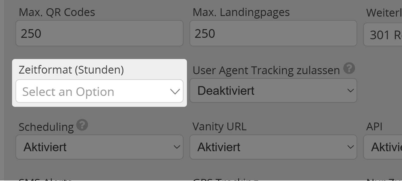 Screenshot der Einstellung "Zeitformat" im Tab "Berechtigungen" im Benutzermenü für Administratoren 