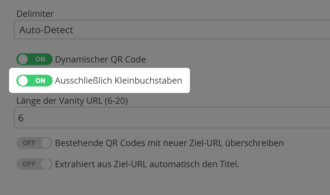 Screenshot der Option "Ausschließlich Kleinbuchstaben" beim Importieren von QR Codes 