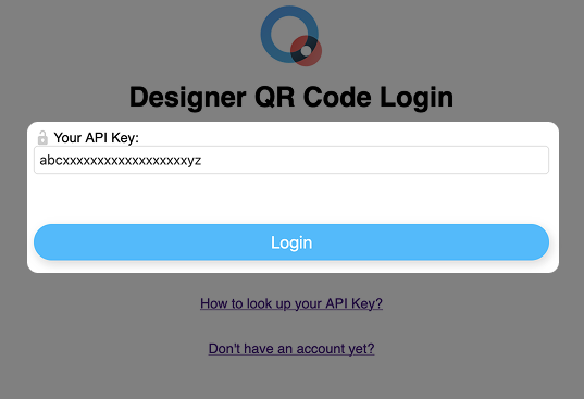 Screenshot: Designer QR Code App Popup mit Eingabefeld "API Key" und hervorgehobenem Button "Login"