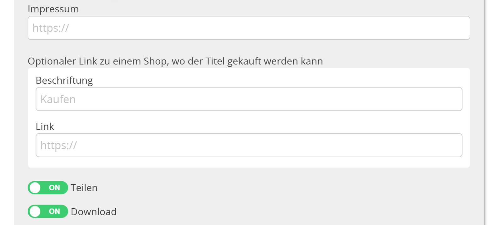Screenshot der optionalen Landing Page-Einstellungen 